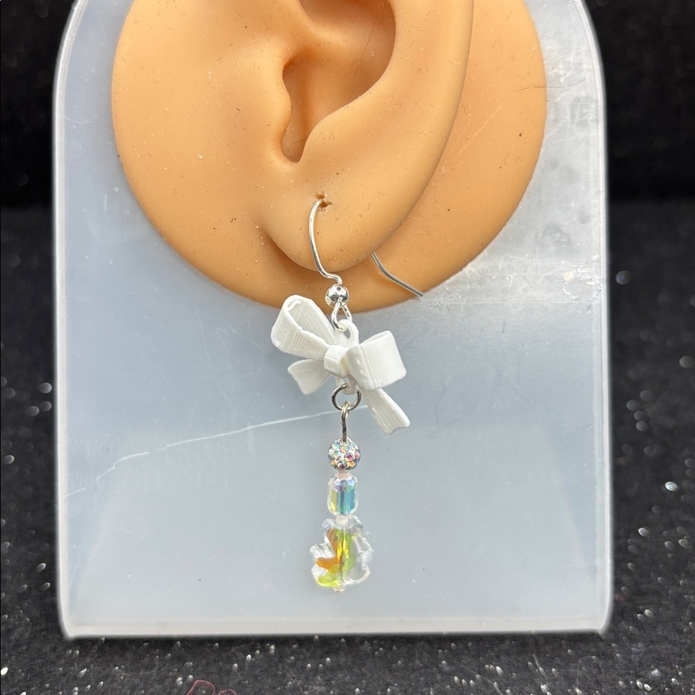 White Bow & Iridescent Glass Teddy Bear Dangle Earrings - Picture 2 of 3